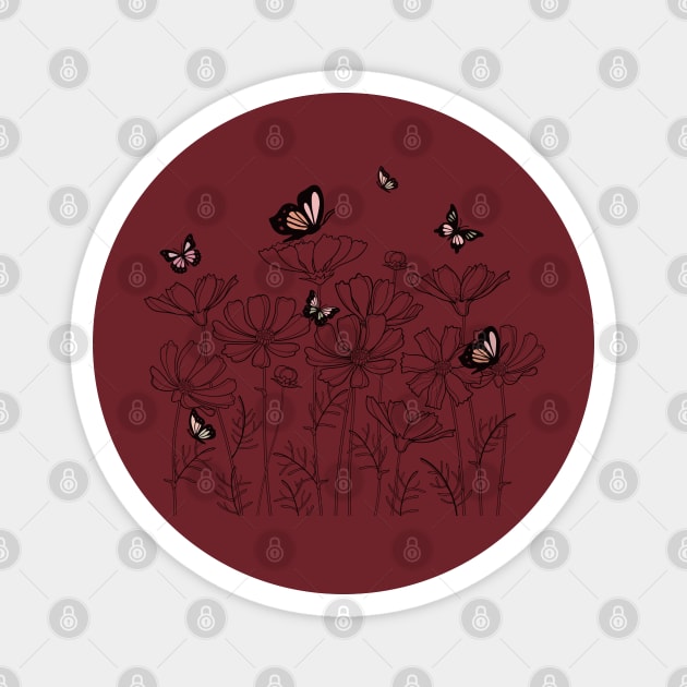 Floral Garden with Butterflies in Line Art Style, Nature-Inspired Design Magnet by CrystalJ 